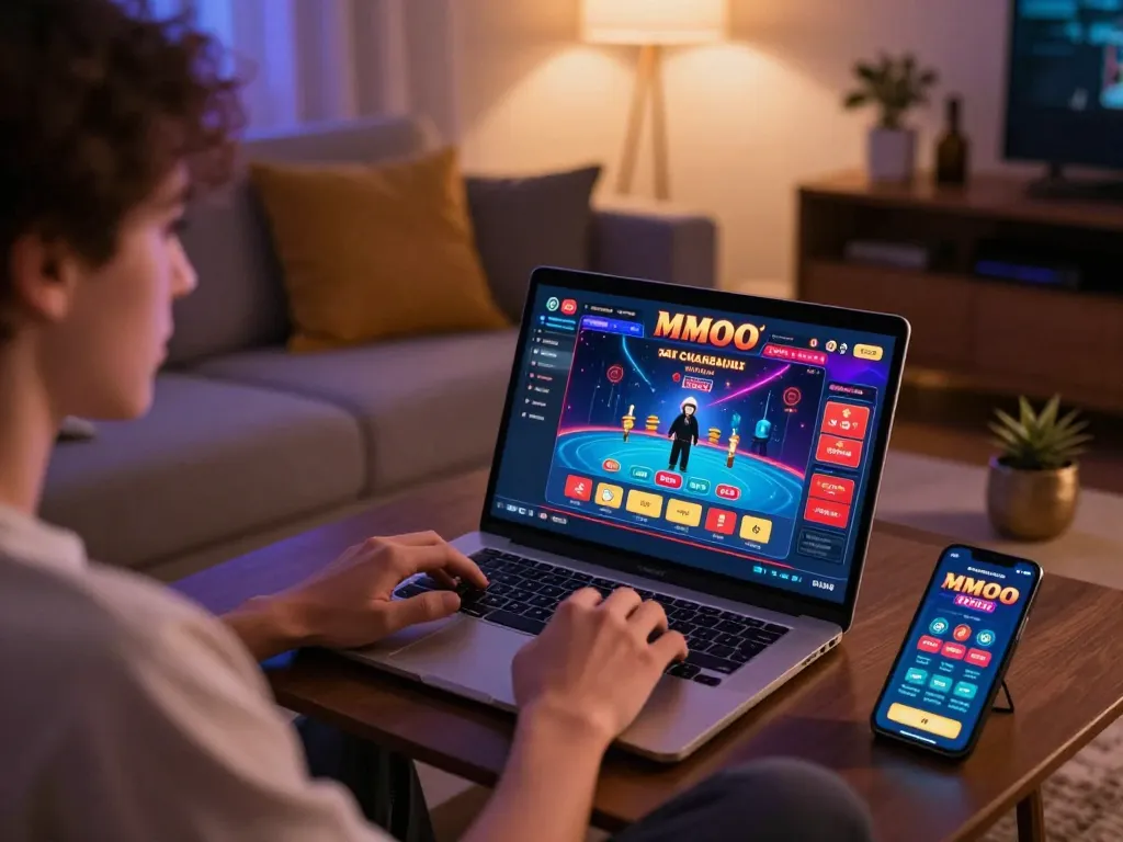 Experience the thrill of MMOO online gaming from home with engaging action on the laptop.