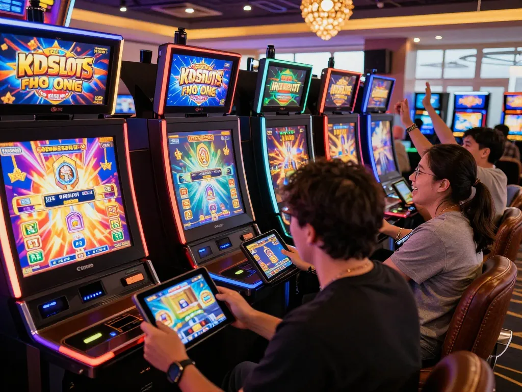 Exciting online gaming scene showcasing kdslot platform with players engaged at vibrant digital casino.