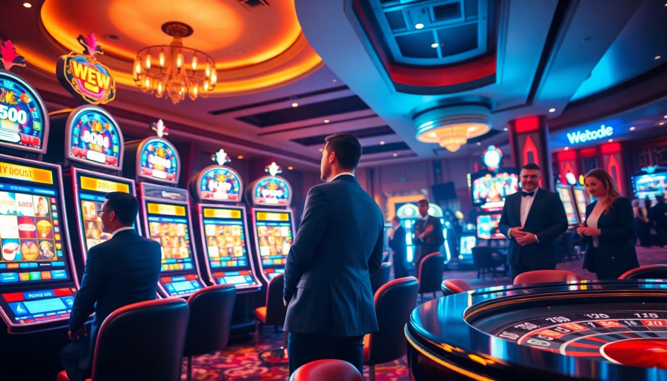Exciting gaming atmosphere at WEB DIRECT SLOT888 with vibrant slot machines and stylish players.