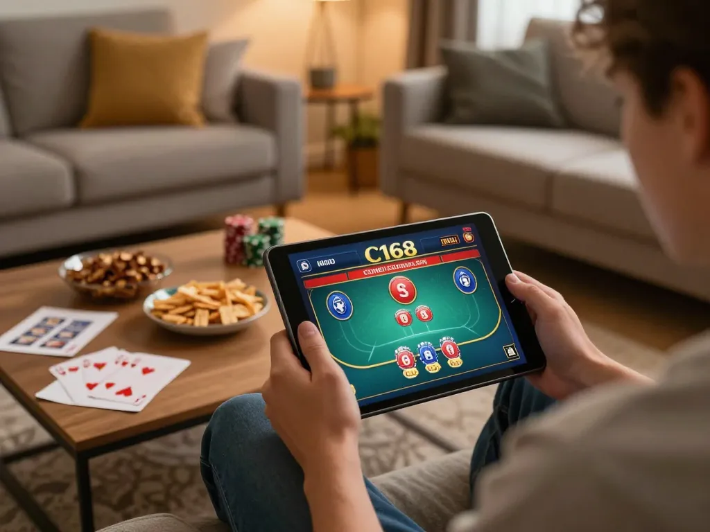 Player engaging in C168 com casino games at home with tablet and snacks, showcasing online gambling experience.