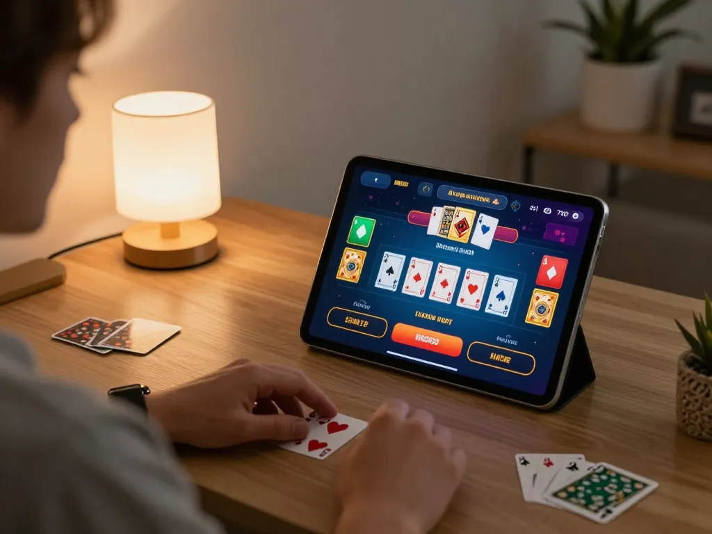 Experience thrilling gameplay at Win678 com with live-dealer blackjack on tablet, showcasing a stylish home setup.
