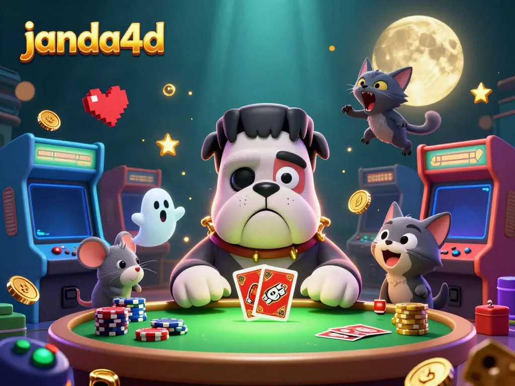 Bermain dengan janda4d di meja kasino, anjing Frankenstein menyebarkan kartu dan kucing serigala menggonggong di bulan emas.