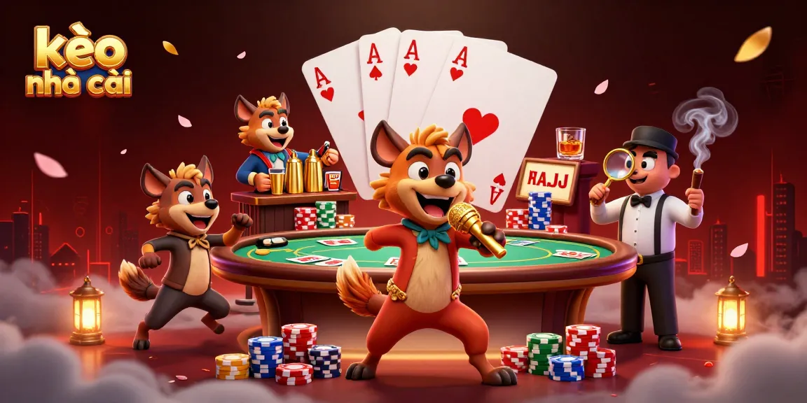 Experience kèo nhà cái with hyena characters at a lively casino scene featuring comedy, drinks, and poker action.