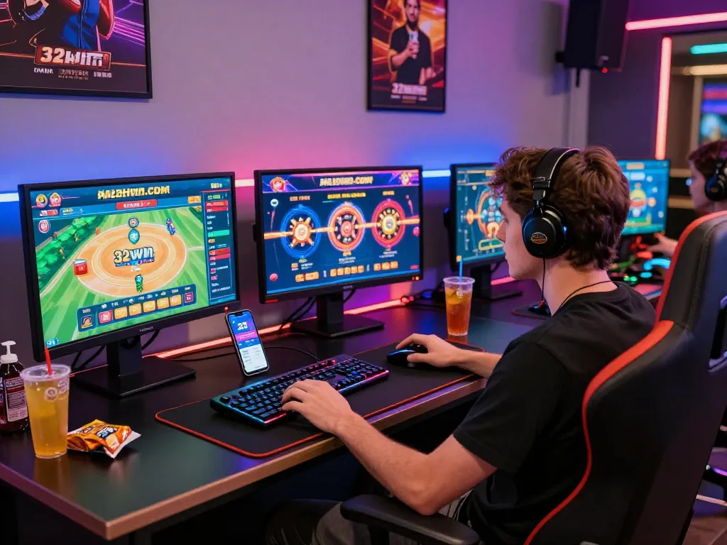 Gamer interacting with 32win.com displaying casino games and sports betting options in a vibrant gaming setup.