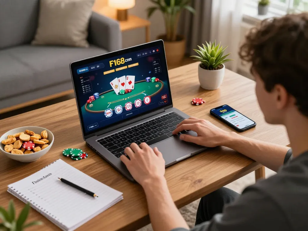 Engaging gameplay on the F168 com casino interface from a home gaming setup, highlighting excitement.