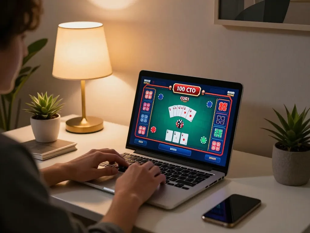 Menghadapi permainan 100 cuci dalam talian dengan persediaan bergaya, mempamerkan aksi poker di laptop.