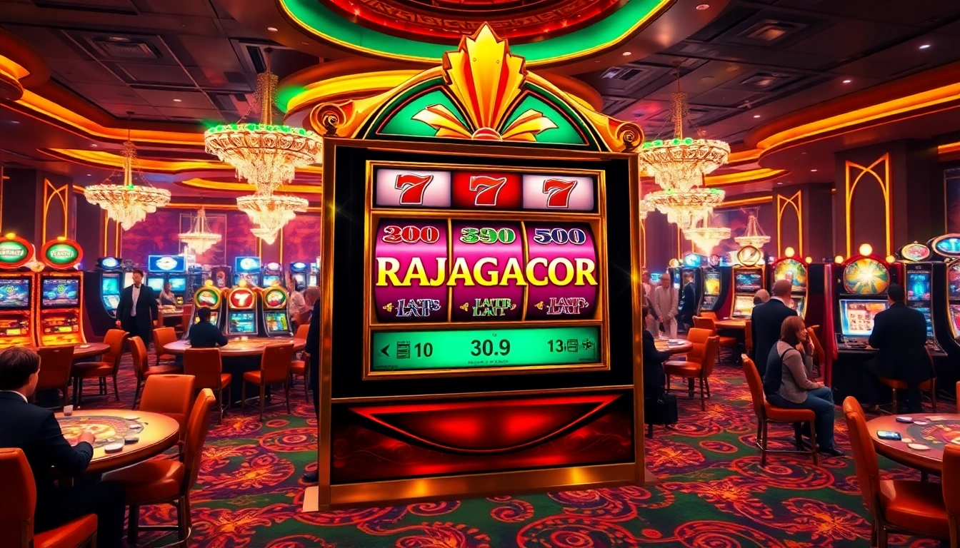 Spin for jackpots at the RAJAGACOR slot machine in a luxurious casino setting.