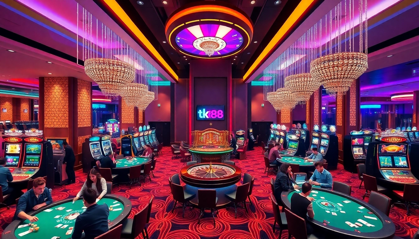 Players engaging at casino tables and slot machines at tk88, showcasing excitement and variety in gaming.