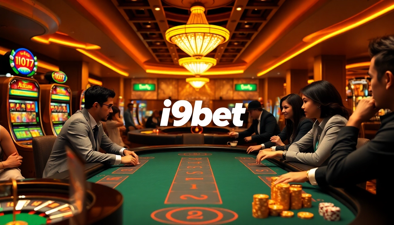 Players engaging in a thrilling poker game under elegant i9bet branding in a vibrant casino.