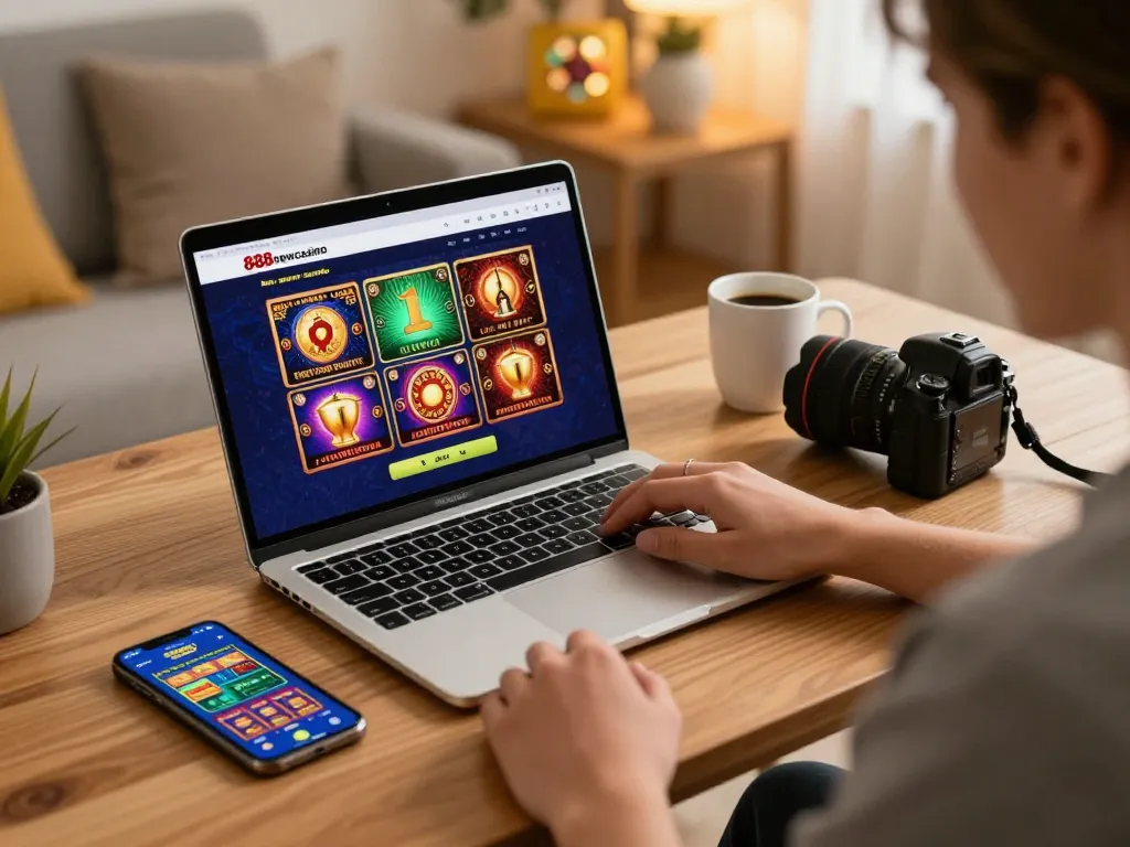 Engaging scene showcasing online gaming at 888newcasino with player using a laptop.