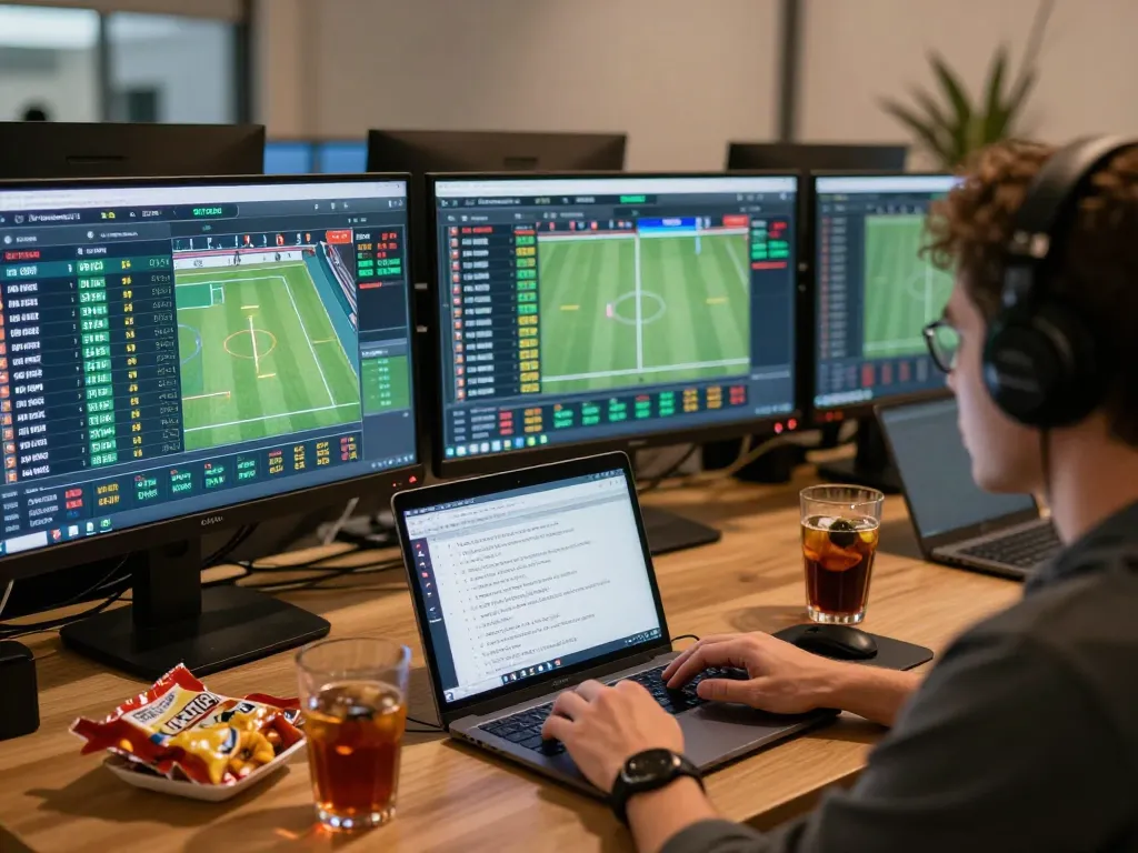 Engaging online sports betting atmosphere showcasing tỷ lệ bóng đá with multiple betting screens and strategy notes.