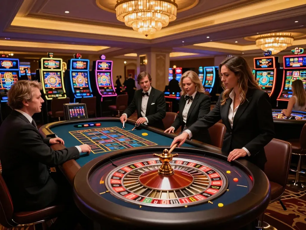 Players placing bets at the roulette table, showcasing excitement in the upscale casino atmosphere at https://mm88.today/.