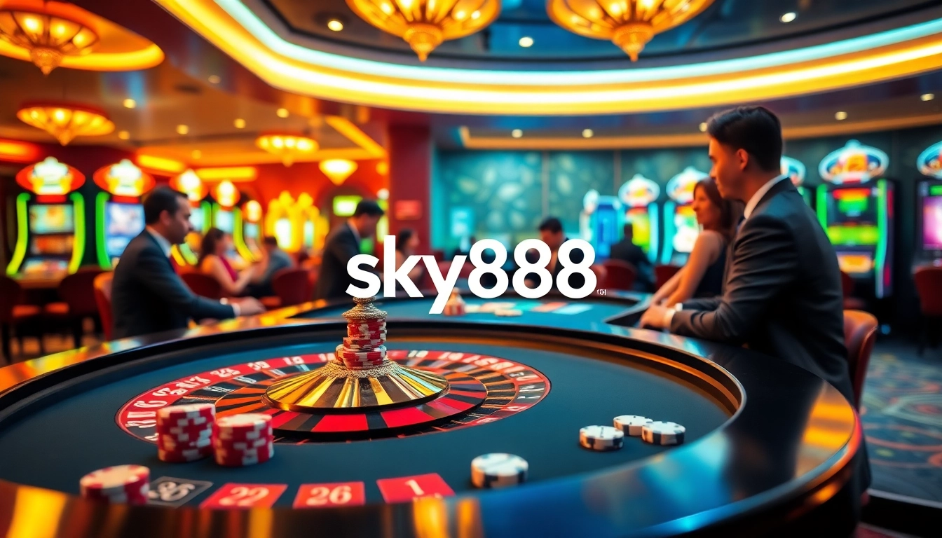 Players enjoy an exciting game of roulette at sky888 casino, showcasing thrilling gambling action.