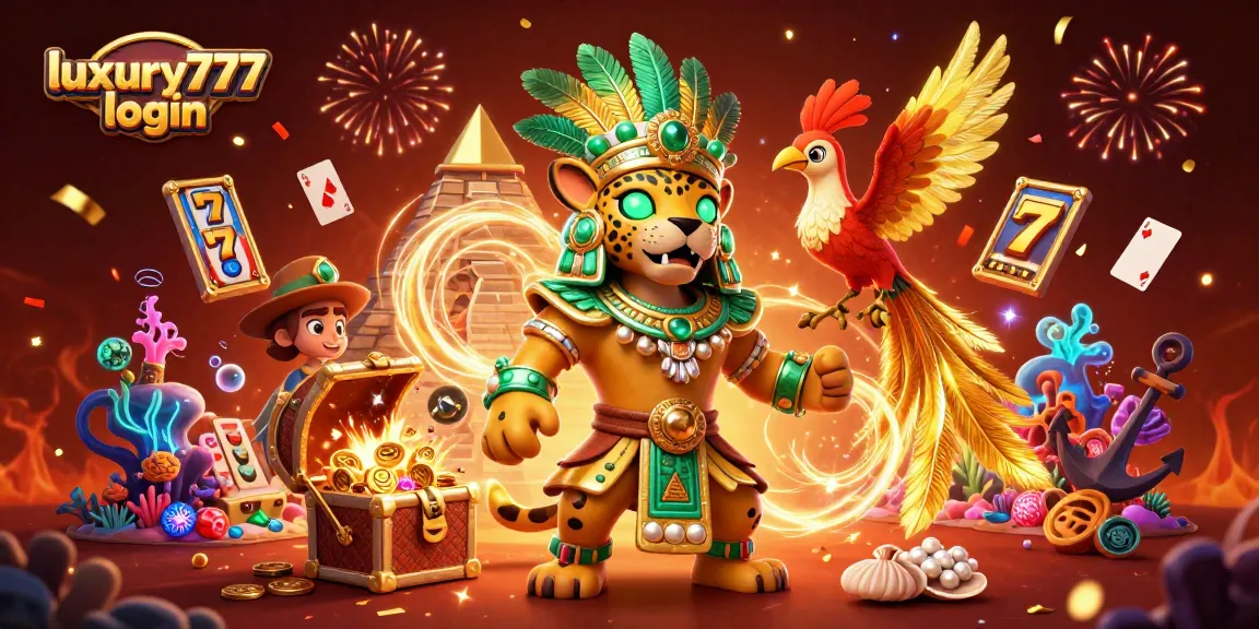 login luxury777 dengan nuansa kasino yang kaya dan simbol keberuntungan, slot, dan karakter menarik.