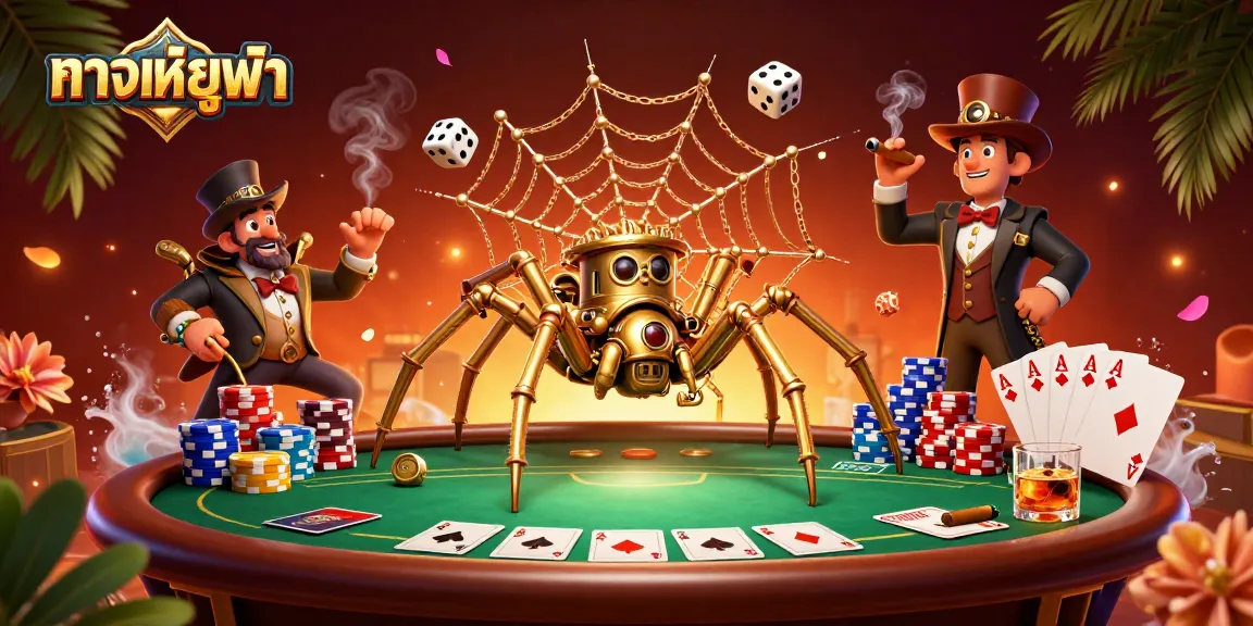 Engage with ทางเข้ายูฟ่า at this vibrant casino illustration featuring steampunk characters and poker elements.