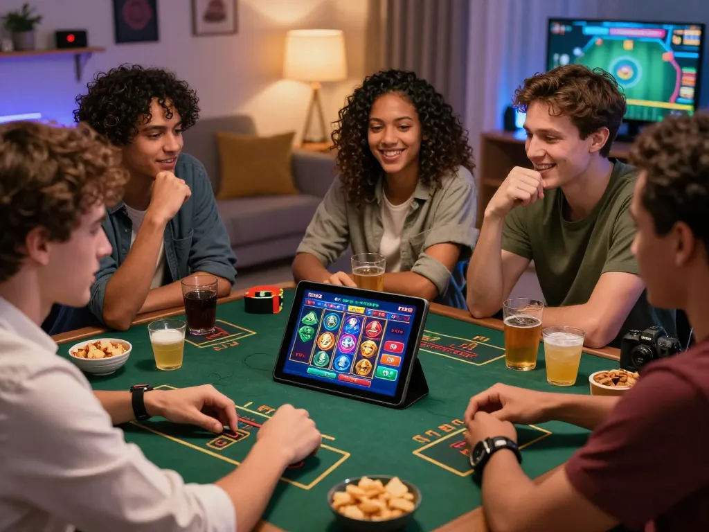 Friends enjoying an exciting game night using TV88 nhà cái uy tín on their tablet, showcasing vibrant online gambling atmosphere.