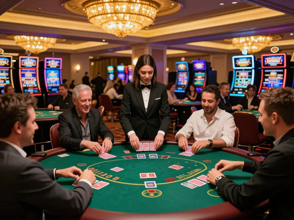 Players strategizing on poker tables while betting on BOTUNA555, surrounded by luxury decor and vibrant casino lights.