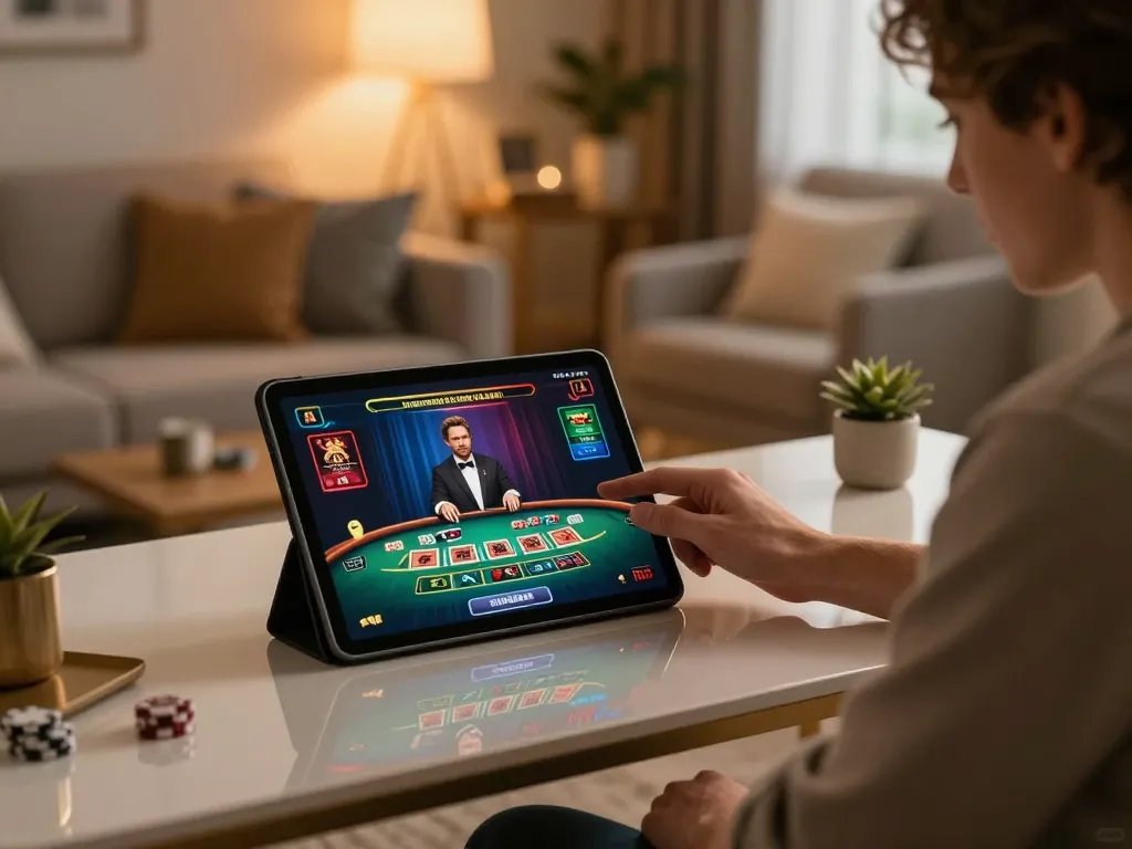 uu88 player engaging in blackjack on tablet in stylish home office setting.