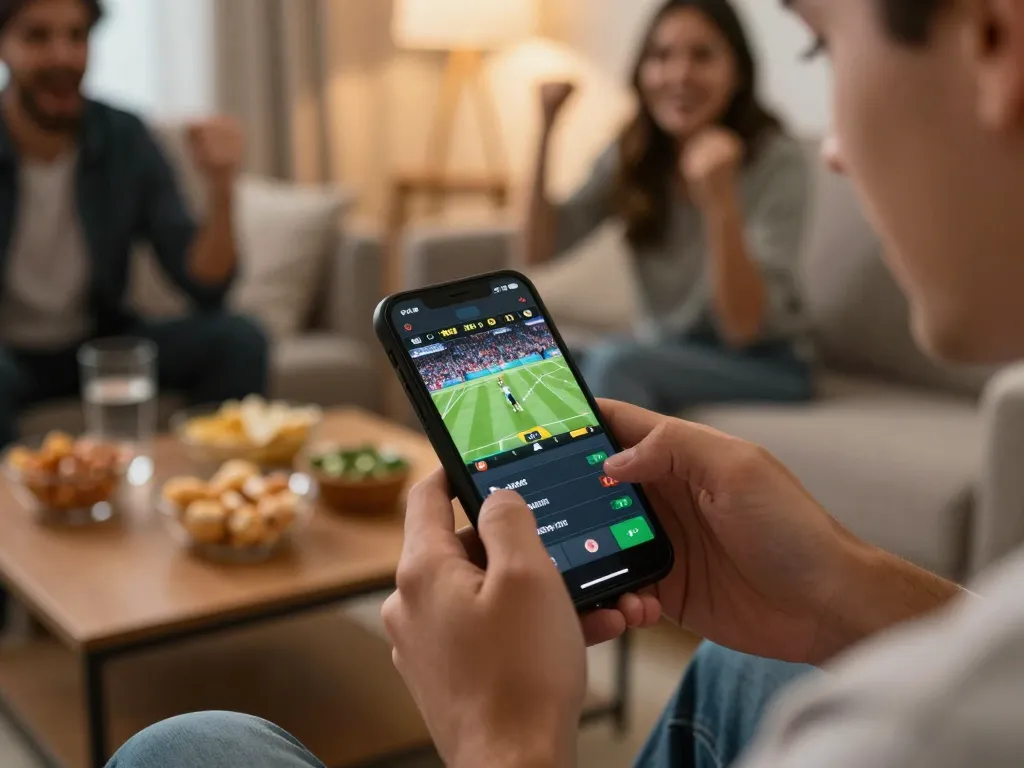 Pemain terlibat dalam taruhan olahraga di smartphone sambil menikmati waktu bersama teman-teman, wawasan defineyouniversity tentang strategi.