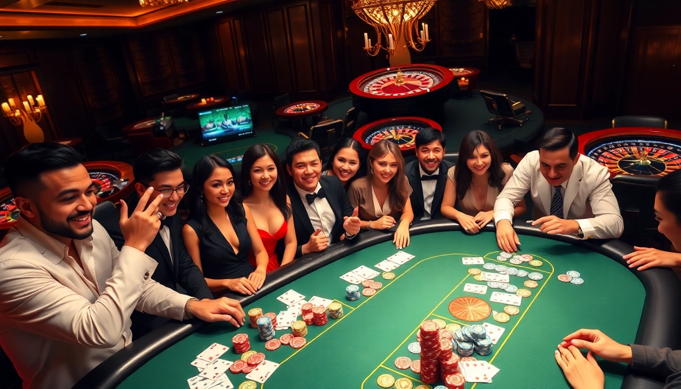 Engaged players celebrating their wins at the 13win casino table, experiencing luxury and excitement.
