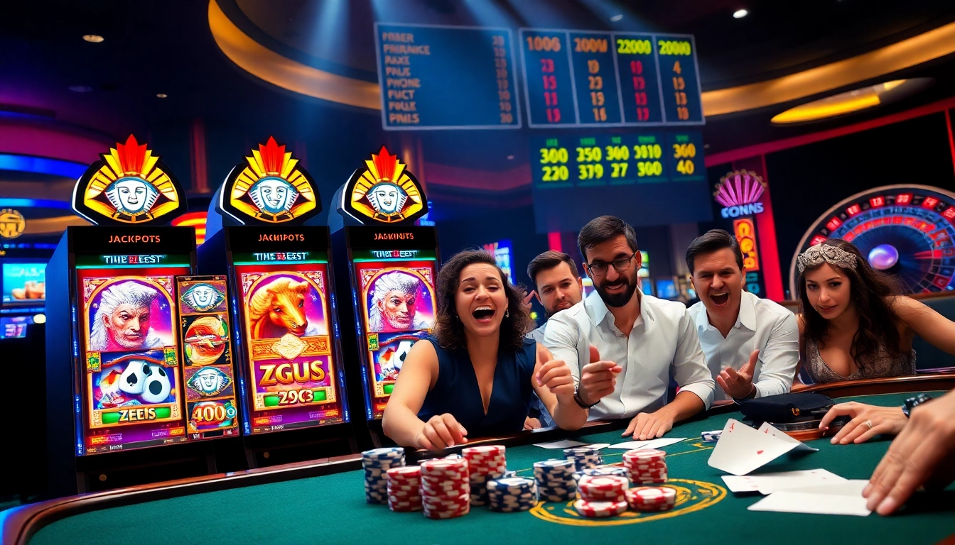 Putar mesin slot yang berwarna-warni, menampilkan permainan bertema Zeus dalam lingkungan kasino yang menarik.
