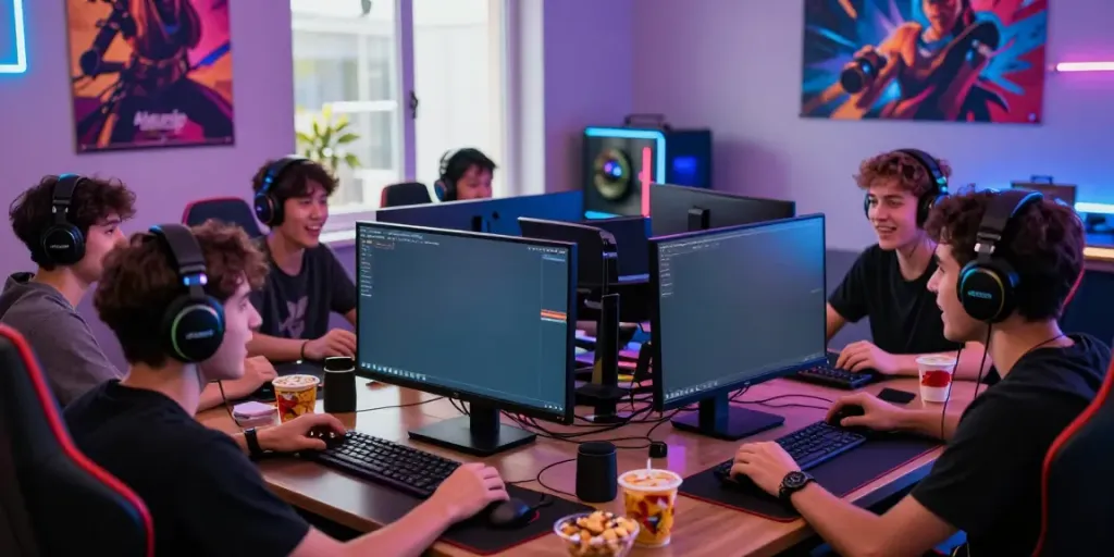 Friends enjoying an intense gaming session showcasing akunjp with dynamic lighting and gaming gear.