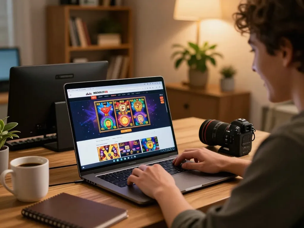 Situs resmi INDOSLOT88 gaming setup with laptop and vibrant slot games, showcasing online gambling excitement