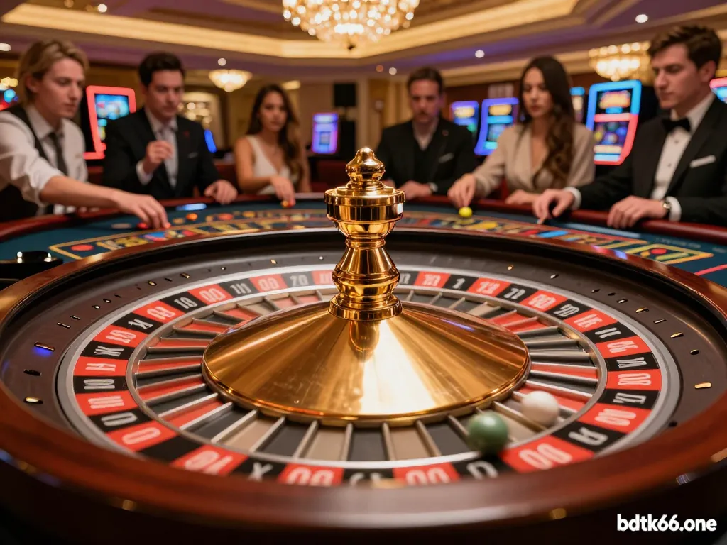 Experience the thrill of betting at bdtk66.one with an exciting roulette wheel spinning amidst a luxurious casino atmosphere.