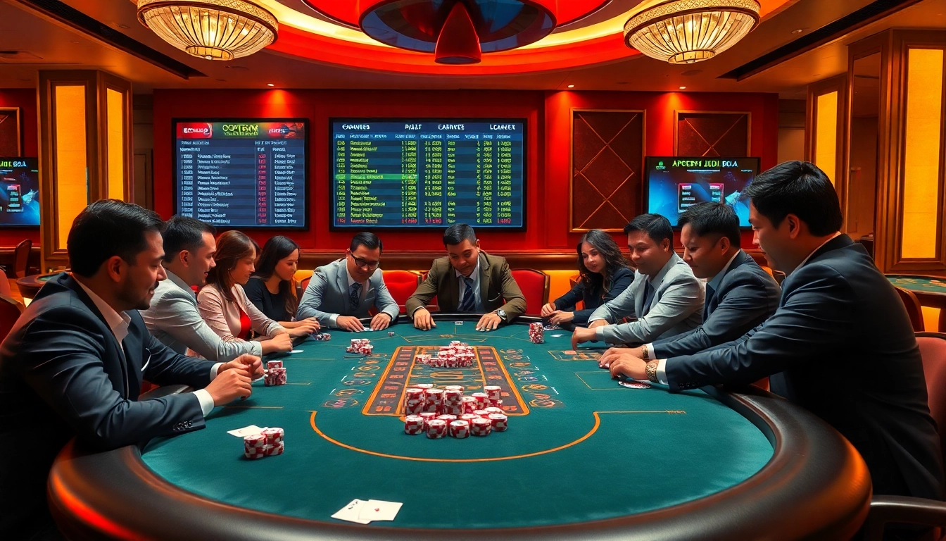 Agen Judi Bola players engaging at a luxurious casino poker table filled with chips and cards.