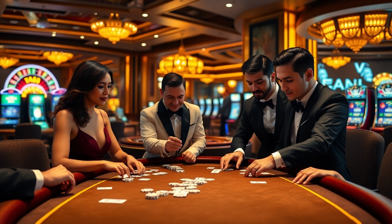 Players enjoying an exciting poker game at VA88 casino table, showcasing the thrill of gambling.
