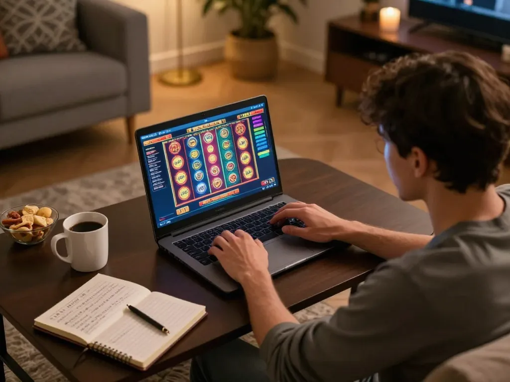 Engaging gaming experience at trang chủ 45678 with player focused on online slots interface in a cozy home environment.