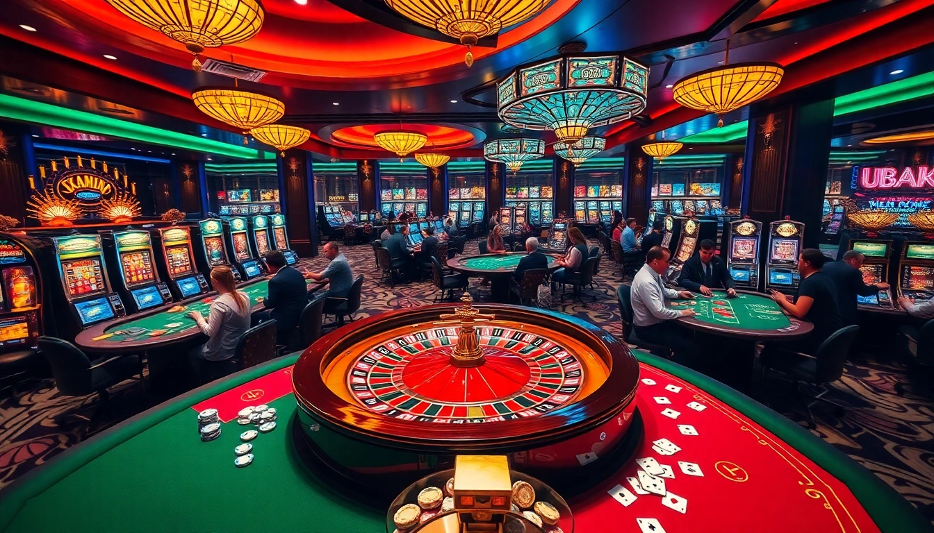 Engaged players enjoying the luxury of gaming at U888.com casino with roulette and poker tables.