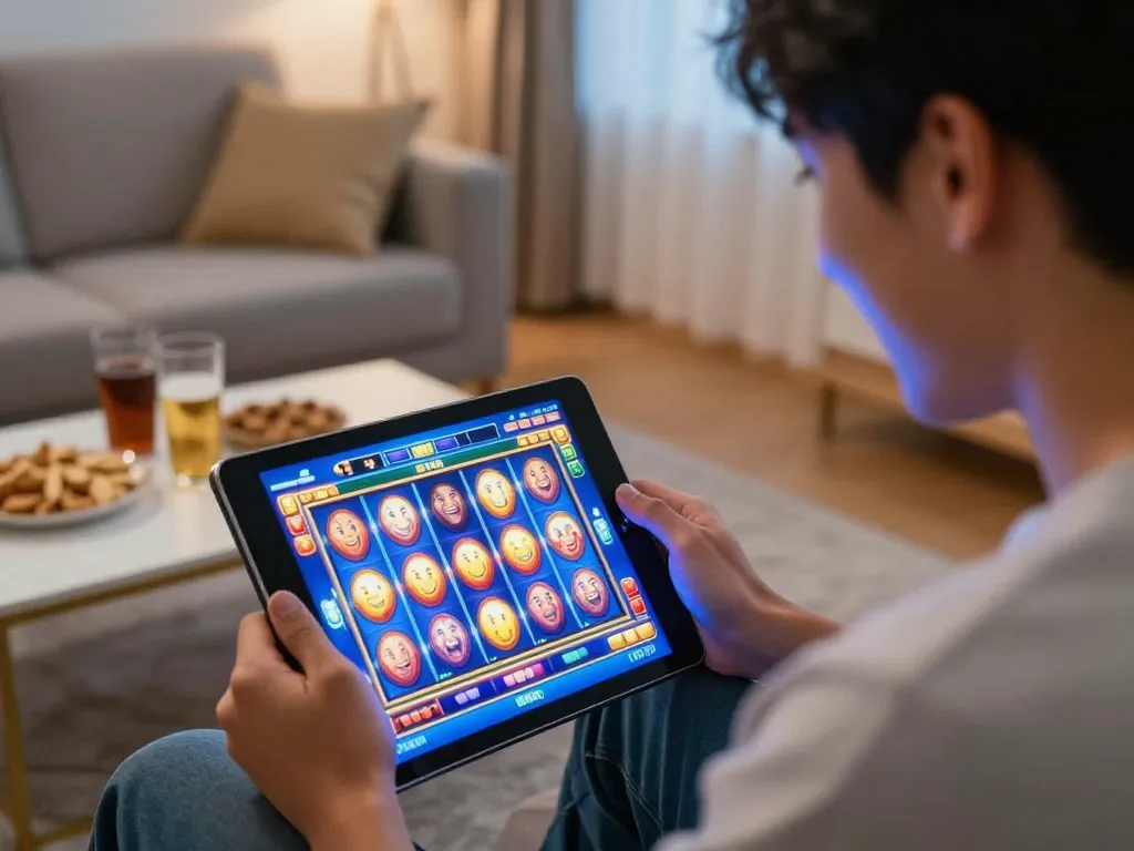 Pemain meraikan kemenangan sambil menikmati permainan slot dalam talian malaysia yang mendebarkan di tablet.