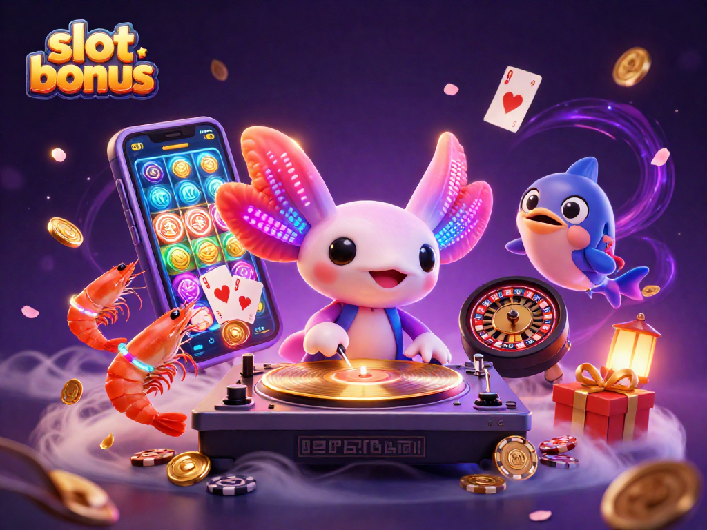 Engage with the thrilling slot bonus experience in this vibrant 3D casino scene featuring a neon DJ.