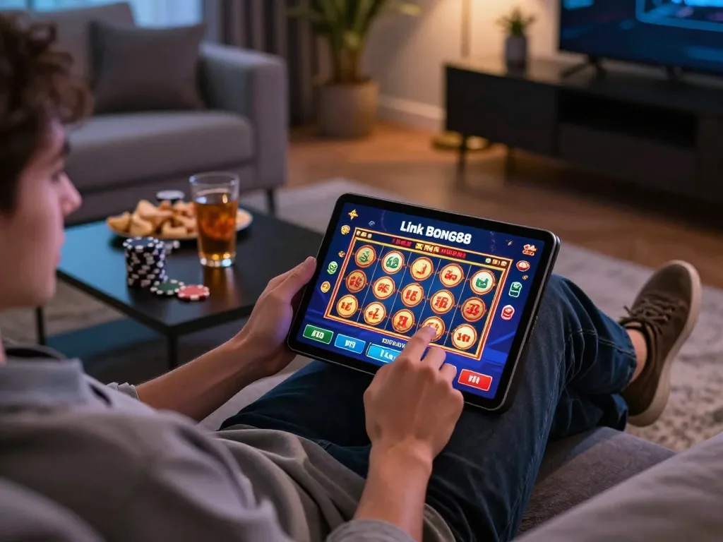 Experience immersive gaming with Link Bong88 app on a cozy sofa, enjoying online casino action.
