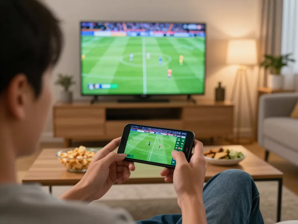 Engaging in kèo trực tuyến while enjoying a football match from home, capturing strategic betting moments.