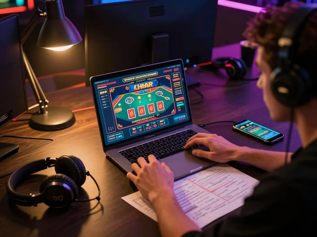 Player engaging with ytr88 online casino interface, showcasing strategic gaming setup and ambiance.