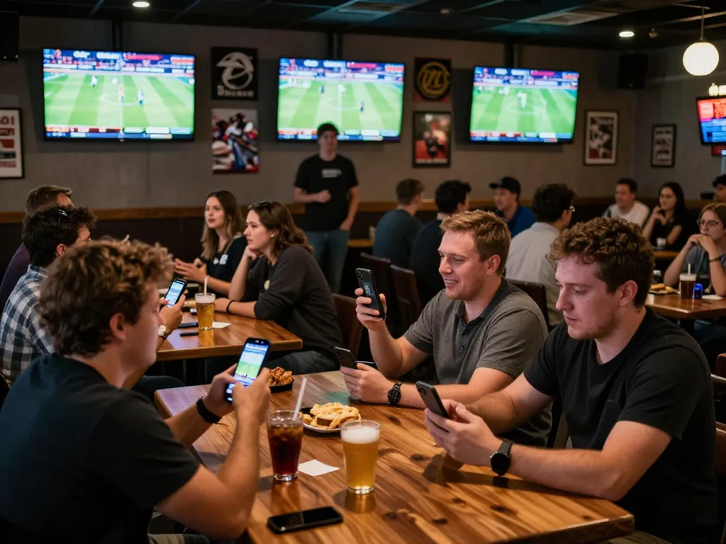 Fans engaging in sports betting with soc88 app while enjoying live sports at a lively sports bar