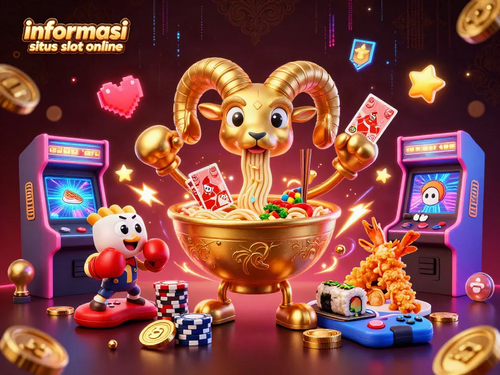 Informasi situs slot online dengan ilustrasi menarik di kasino digital 3D yang menampilkan karakter unik dan elemen permainan.
