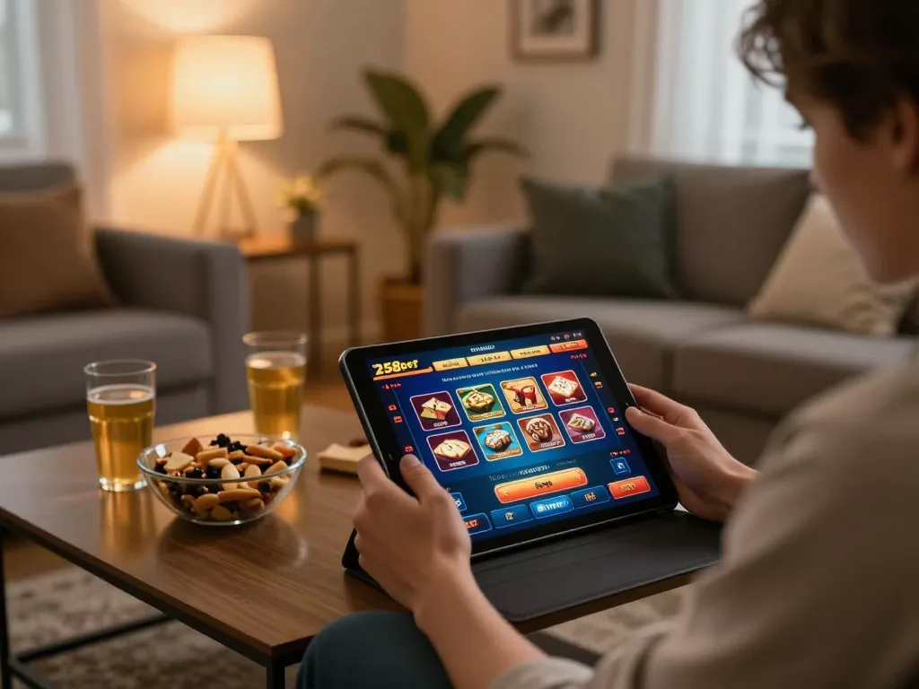 Engaging in the 258bet download app while enjoying a cozy home gaming experience with snacks and drinks.