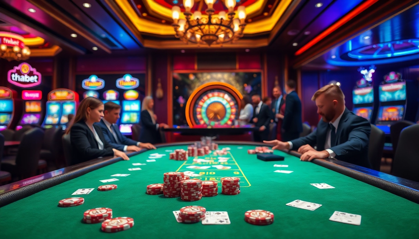 Excited players at Thabet casino table, engaged in poker with vibrant chips and cards.