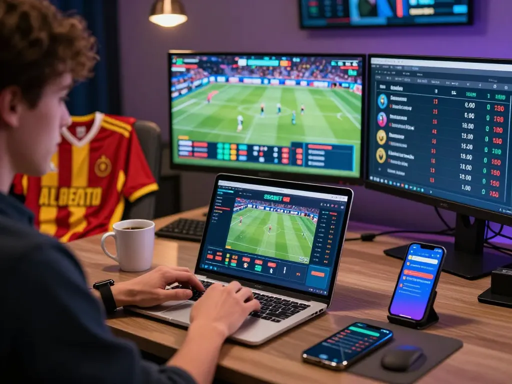 SBOBET betting scene with a person placing bets at a modern workspace with sports highlights.