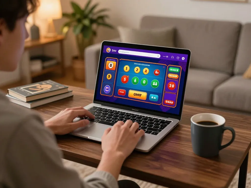 GEMWIN player using laptop for live dealer games in a cozy home setting