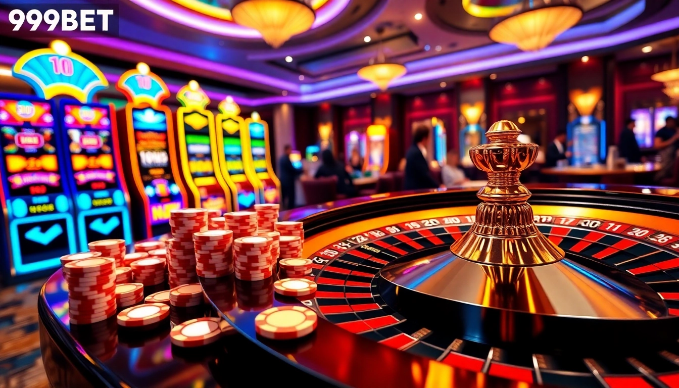 Experience the excitement of 999BET at a vibrant casino table with poker chips and slot machines.