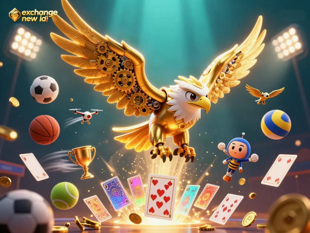 Dynamic scene showcasing the skyexchange new id with a cybernetic eagle amidst sports balls and holographic cards.