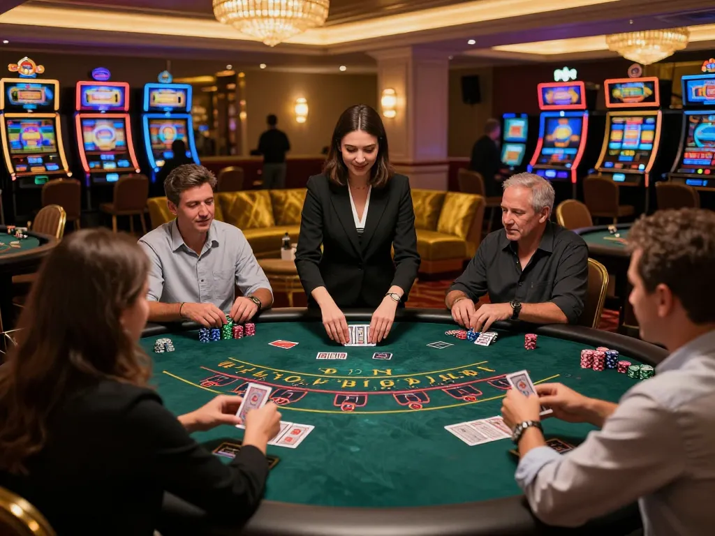 Players enjoying blackjack at an upscale casino table, showcasing HM88 strategic moments and excitement.