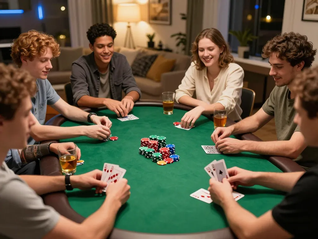 Teman-teman menikmati malam poker di rumah yang menyenangkan saat mereka terlibat dan merencanakan strategi, menyoroti kegembiraan permainan bertema tamilmp3plus.