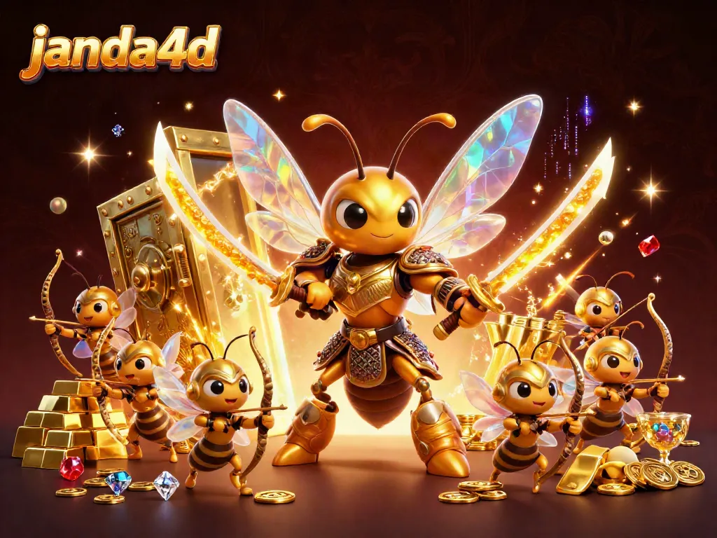 Permainan seru di JANDA4D dengan ilustrasi karakter 3D menarik dan banyak elemen emas.