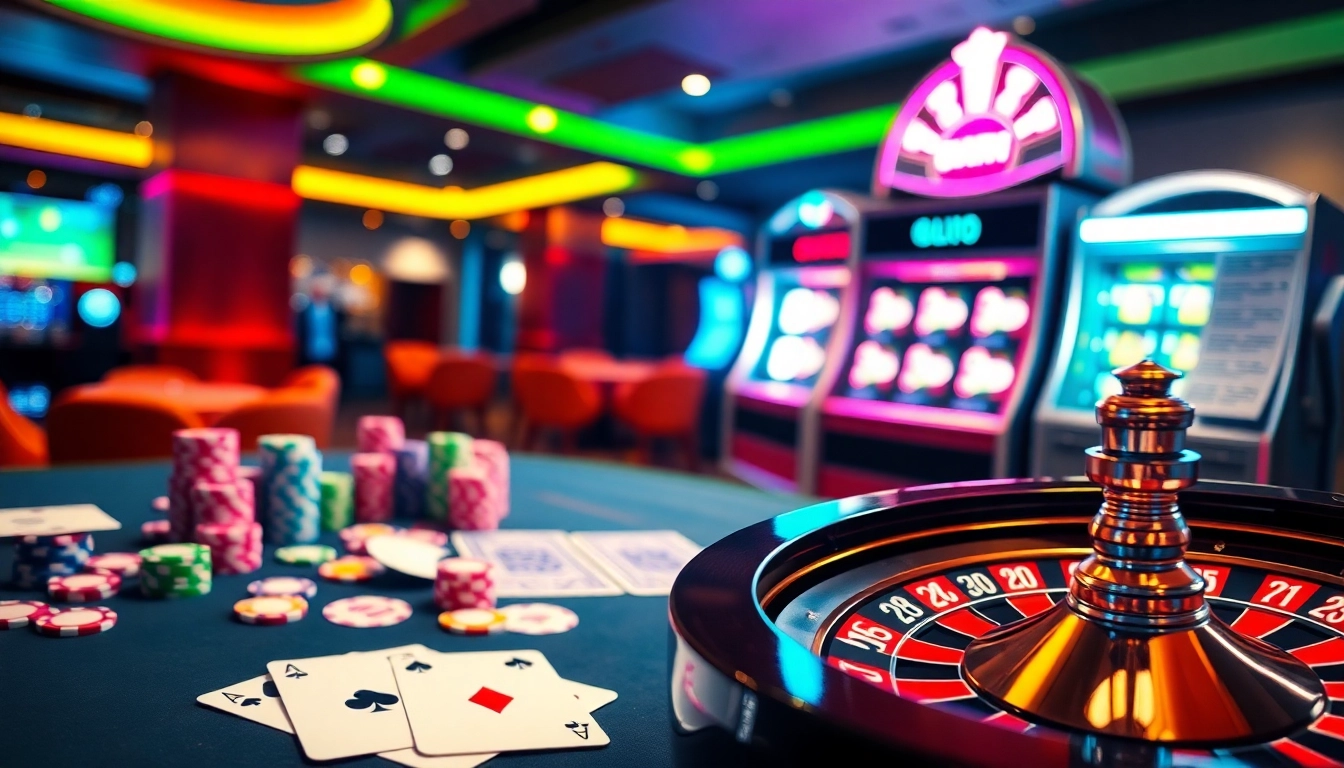 A vibrant scene depicting game bài đổi thưởng uy tín with poker chips, cards, and a roulette wheel.