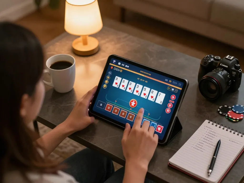 Casino online gaming setup with a player preparing to place a bet on a tablet.